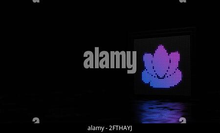 3d rendering light wall with blue violet spots shaped as symbol of water lilly flower on black background with wet floor reflection Stock Photo