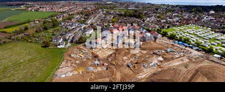 Aerial Panoramic view of the Millers Retreat, a new housing development being built on greenfield land on the edge of Walmer, Deal, Kent Stock Photo