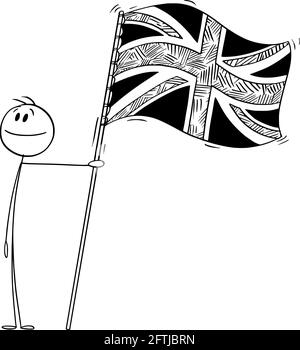 Proud Patriotic Person Holding Flag of United Kingdom of Great Britain, Vector Cartoon Stick Figure Illustration Stock Vector