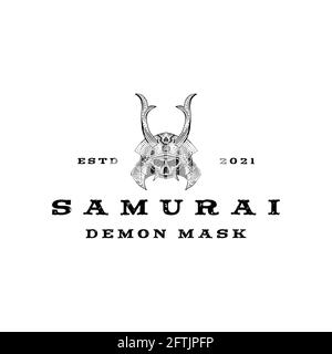 Vintage hand drawn Japanese Samurai Demon Mask Logo Design Stock Vector