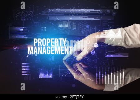 Businessman touching huge screen concept Stock Photo