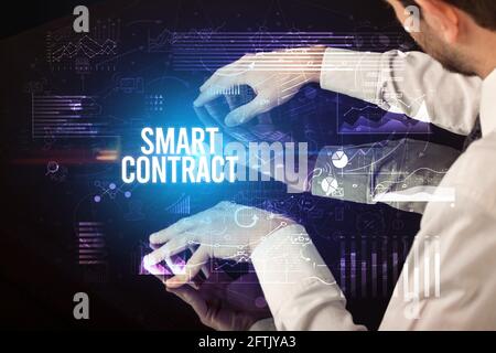 Businessman touching huge screen concept Stock Photo