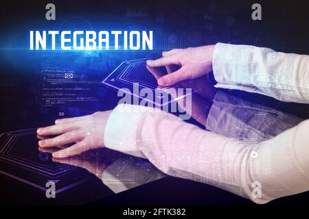 Hand touching digital table concept Stock Photo