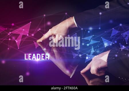 Businessman touching huge screen concept Stock Photo