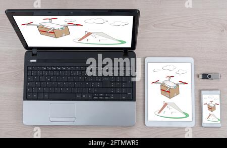 Drone delivery concept shown on different information technology devices Stock Photo