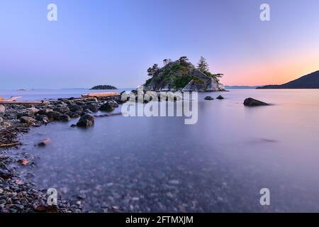 Long exposure shot of Whyte Islet during sunset, Whytecliff Park, West Vancouver, British Columbia, Canada Stock Photo