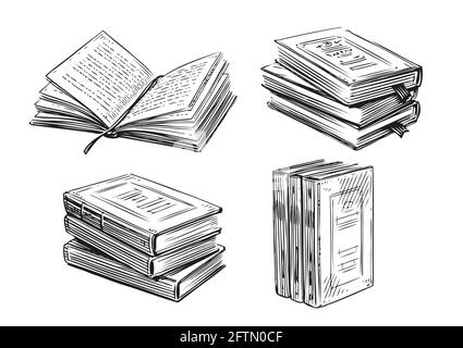 Books sketch. Literature, library concept in vintage style. Hand drawn vector design elements