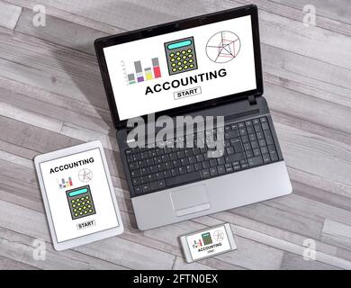Accounting concept shown on different information technology devices Stock Photo