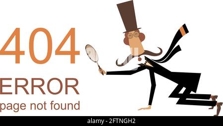 Error 404 page not found concept illustration, webpage banner.  Long mustache man in the top hat holding a loupe trying to find a lost page isolated o Stock Vector