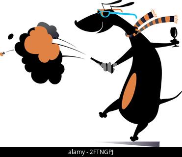 Comic dog with bottle of alcohol and footed tumbler illustration. Alcohol splashes. Cheerful dachshund holds a bottle and footed tumbler isolated Stock Vector