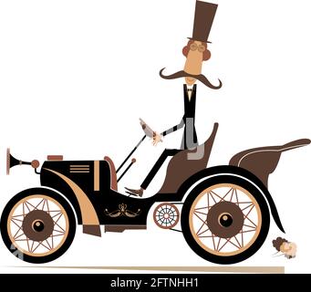 Comic man in the top hat drives a retro car illustration.  Long mustache gentleman in the top hat drives a retro car isolated on white Stock Vector