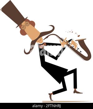 Cartoon long mustache saxophonist illustration.  Smiling mustache man in the top hat is playing music on saxophone with inspiration isolated on white Stock Vector