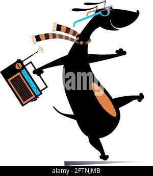 Cartoon dog with a radio illustration. Dancing dog in sunglasses holds a radio isolated on white Stock Vector