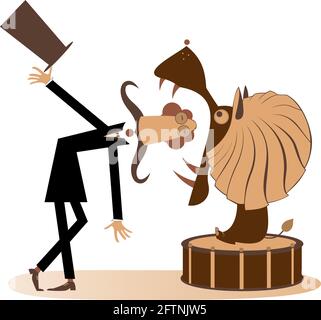 Circus, deadly trick, tamer and lion illustration. Long mustache tamer with a top hat is getting his head into the jaw of the lion isolated on white Stock Vector