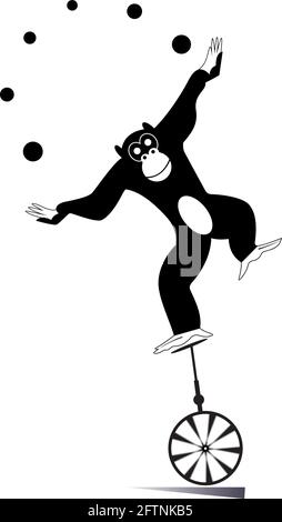 Equilibrist monkey rides on the unicycle and juggles the balls illustration. Cute monkey balances on the unicycle and juggles the balls black on white Stock Vector