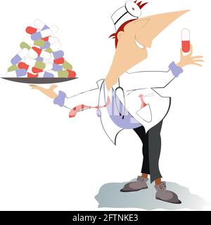 Smiling doctor with pills illustration. Cheerfulness doctor holds a big plate full of pills in one hand and a pill in another isolated on white Stock Vector