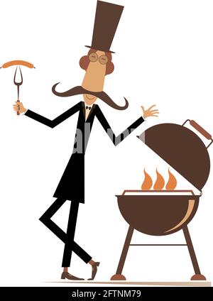 Cartoon man and barbecue illustration.  Comic long mustache man in the top hat frying sausages and steaks on the grill isolated on white Stock Vector
