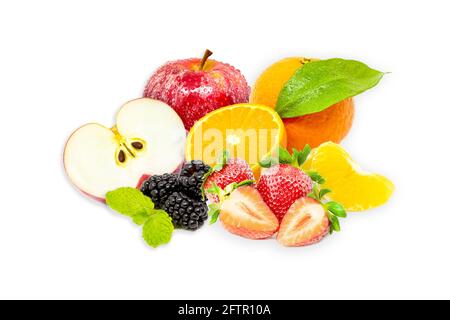 Closeup shot of fresh fruits and berries. Isolated on white background with green leafs Stock Photo