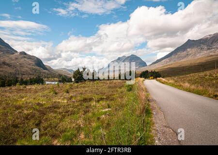 A summer, 3 shot, HDR of image of Glen torridon with Liathach in the distance and Beinn Eighe on the right. Northwest Highlands, Scotland. 26 May 2014 Stock Photo