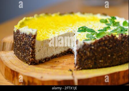 Vegan nut cake. Lime and Chocolate Cashew Tart Stock Photo