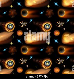 Fractal, seamless night background with 3D planets and nebulae. Abstract diverse space Stock Photo