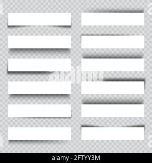 Set of white blank paper scraps with shadows. Page dividers on checkered background. Realistic transparent shadow effect. Element for design. Vector Stock Vector