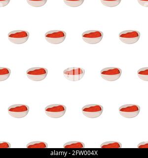 Hand drawn seamless pattern with tomato ketchup in bowl for background design. Vector isolated illustration. Stock Vector