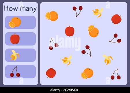 Kids mathematical mini game - count how many fruits - orange, apple, banana, cherry. Educational games for children. Cartoon design template on colorful backdrop. Vector graphic. Stock Vector
