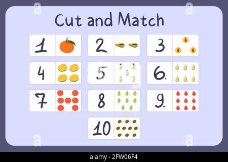 Flash cards with numbers for kids, set 2. Cut and match pictures with numbers and fruits. Illustration for educational math game design. Printable worksheet. Cartoon vector template. Stock Vector