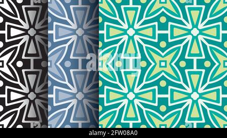 Collection of seamless geometric patterns in pastel blue, green and black and white shades. Vector print illustration Stock Vector