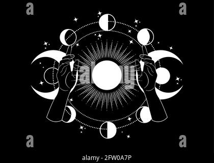 Mystical drawing woman hands hold the triple goddess, stars, Moon phases, Solar system. Wicca and pagan tradition. Alchemy, magic, esoteric, occultism Stock Vector