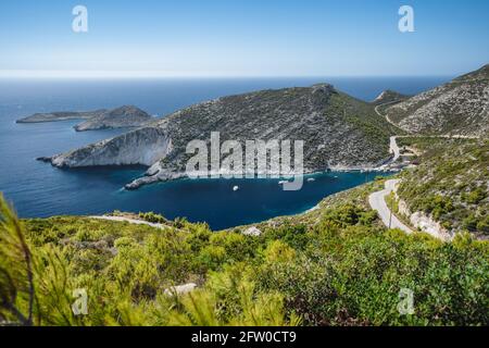 Porto Vromi. Ionian sea bay with moored and anchored boats. Zakynthos island sightseeing spot. Greece Stock Photo