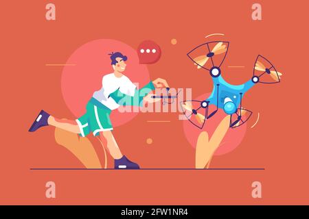 Young man control modern drone Stock Vector