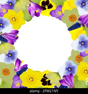 decoration of spring flowers in a circle on a white background Stock Vector