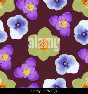 seamless patterns with pansies, crocuses and daffodils on a dark background Stock Vector