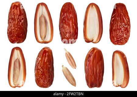 Dates isolated on white background. Top view. Flat lay. Set or collection Stock Photo