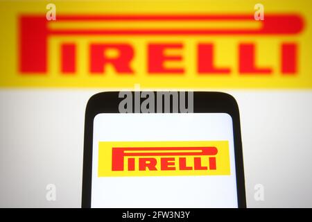 Ukraine. 21st May, 2021. In this photo illustration the Pirelli logo is seen on a smartphone and a pc screen. Credit: SOPA Images Limited/Alamy Live News Stock Photo