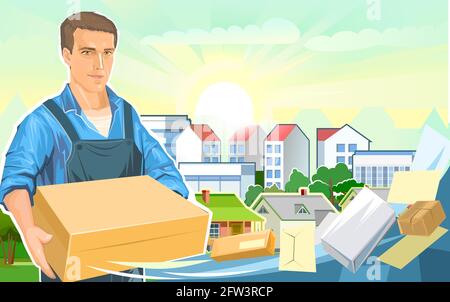 Delivery guy with a parcel. Cardboard box. A male courier in uniform delivered a package. Flat style. Postal service. Against the background of the ci Stock Vector