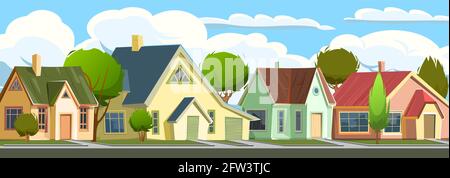 Street with houses in a small rural town. Cartoon cheerful flat style. Road. Village. Small cozy suburban cottages with trees. Vector. Art Stock Vector