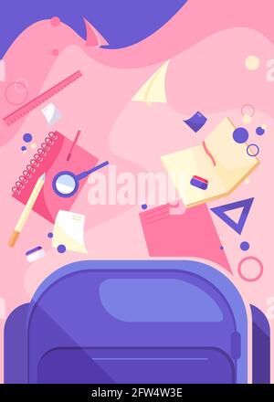 Poster template with school bag. Flyer design in flat style. Stock Vector