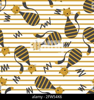 Vector flat illustration with silhouette cute cat. Seamless trendy pattern in scandinavian style on white striped background. Design for card, poster Stock Vector