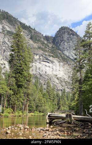 Merced river going through Yosemite national park near half dome, California USA Stock Photo