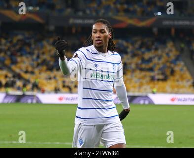 KYIV, UKRAINE - MARCH 11, 2021: Gerson Rodrigues of Dynamo Kyiv in action during the UEFA Europa League game against Villarreal at NSC Olimpiyskyi stadium in Kyiv Stock Photo