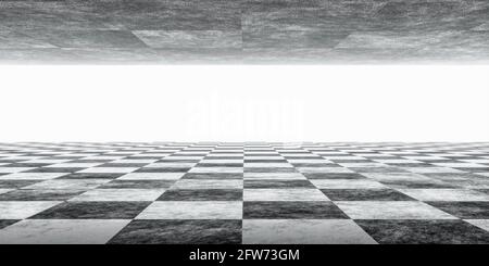 abstract building environment with black and white chess tile floor pattern 3d render illustration Stock Photo