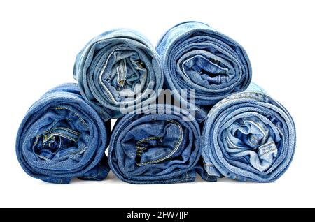 Roll blue jeans isolated on white background with clipping path Stock Photo