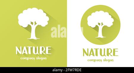 Collection of brand logo in shape of a tree. Green and white color. Round shape. Colored background. Modern design.Vector print illustration.  Stock Vector