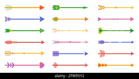 Arrow bow colored vector flat set for postcards, stickers, design room, t-shirts, notepads, notebook isolated on white background. Hand weapon with feathers in different styles indian, boho, hipster. Stock Vector