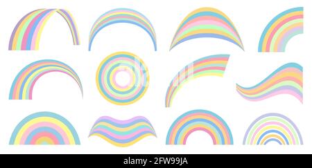 Pastel rainbows for design and decoration of a childrens room, for notebooks, dishes, fabrics, textiles. Soft pleasant colors for printing on clothes. Different shapes.Weather element Stock Vector