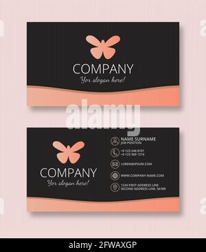 Business card with two sides view, logo design. Pink and black color. Butterfly logotype. Modern and simple style. Horizontal layout. Stock Vector