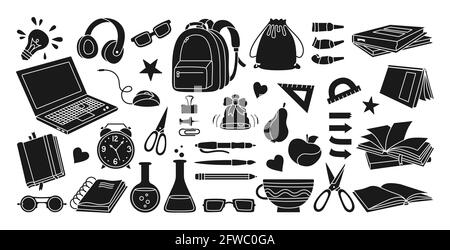Back to School black glyph cartoon set. Learning school flat icon silhouette collection. First day school equipment, Education concept icon kit. Scissors, laptop, glasses book backpack, paints vector Stock Vector